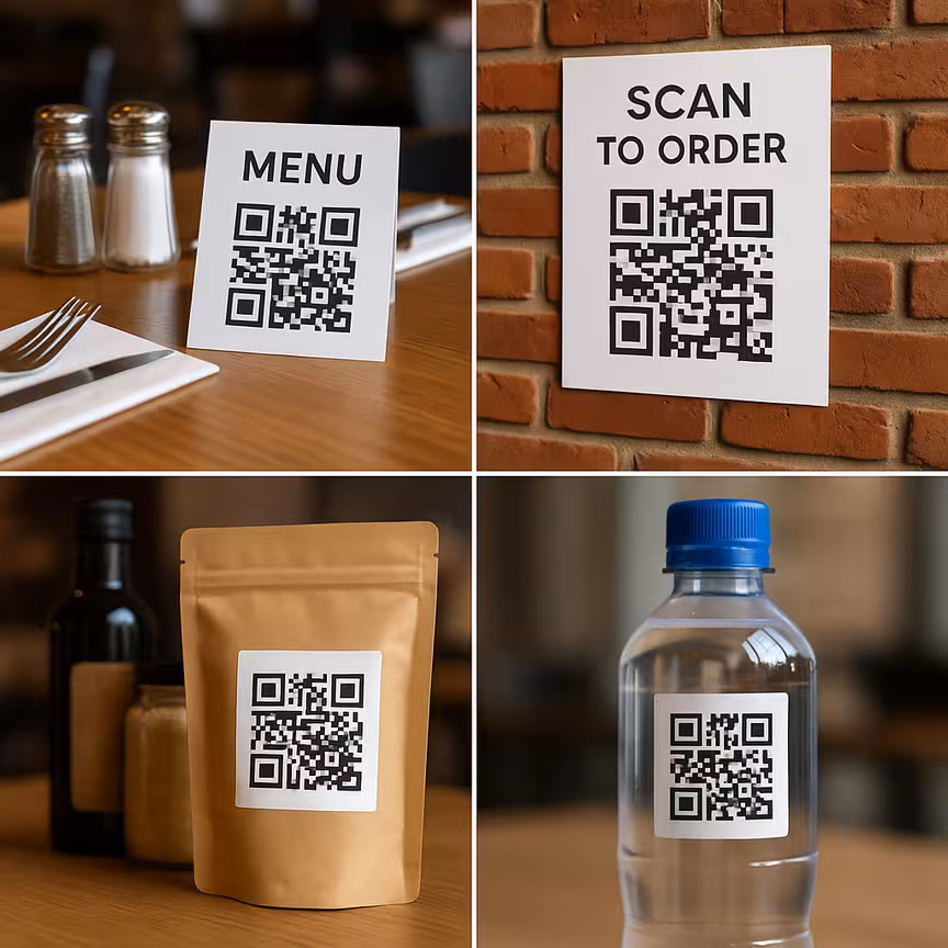 Various QR codes on restaurant tables, posters, and product packaging