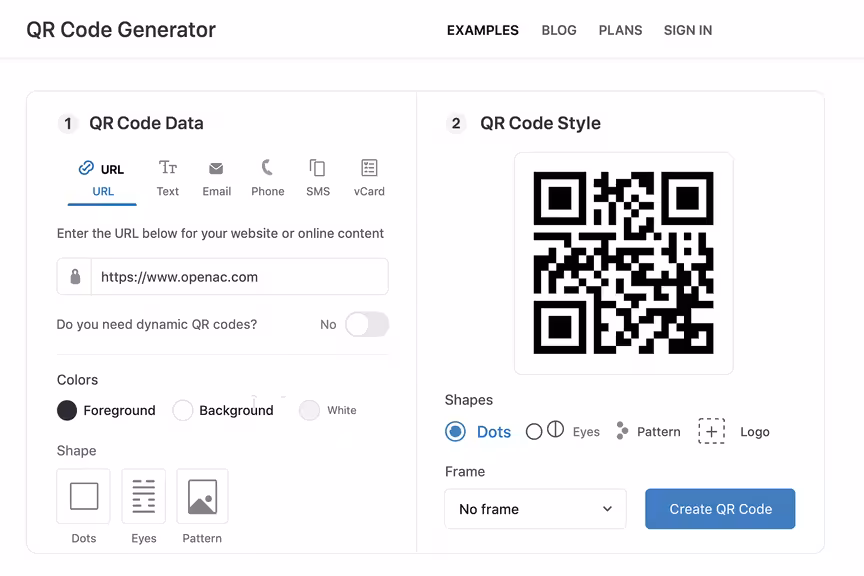 Screenshot of QR code generator interface showing options to create custom QR codes