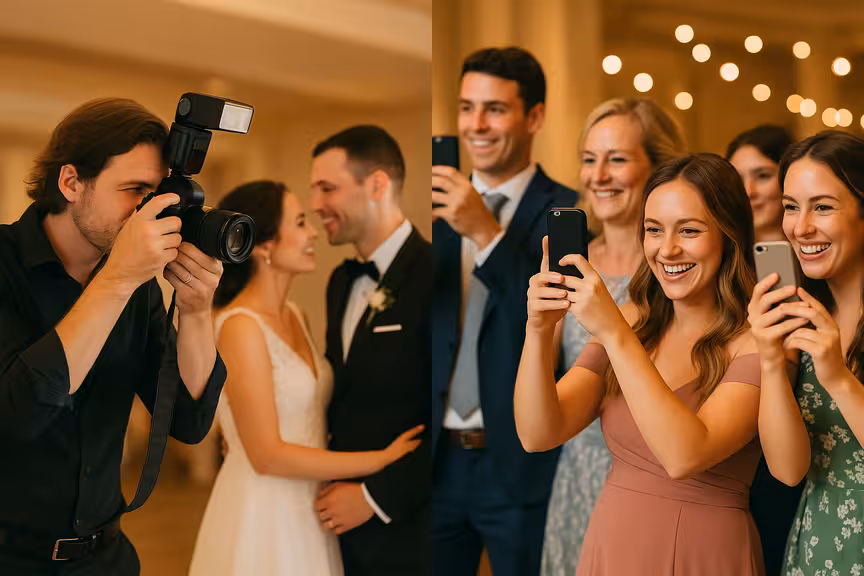 Split image showing professional wedding photographer on left capturing posed shots, and wedding guests on right taking candid photos with phones